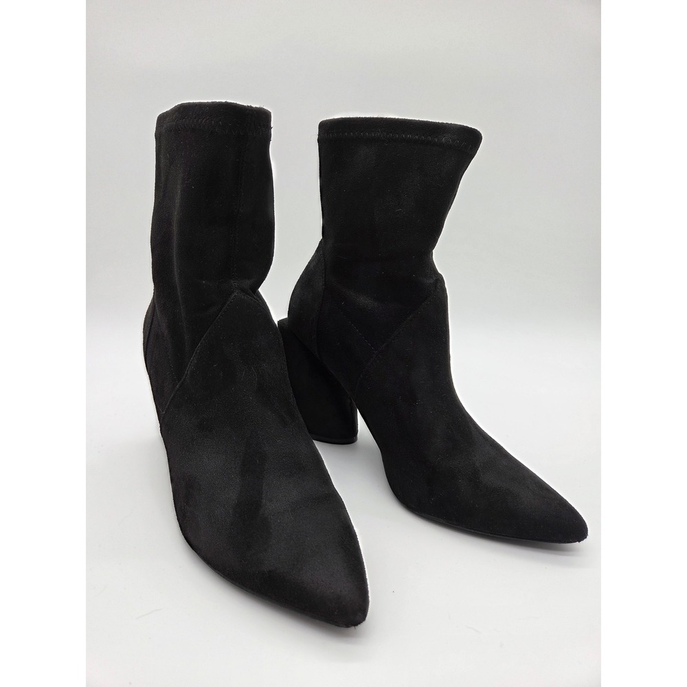 Black Faux Suede Sock Boots Pointed Toe Block Heel Ankle Booties